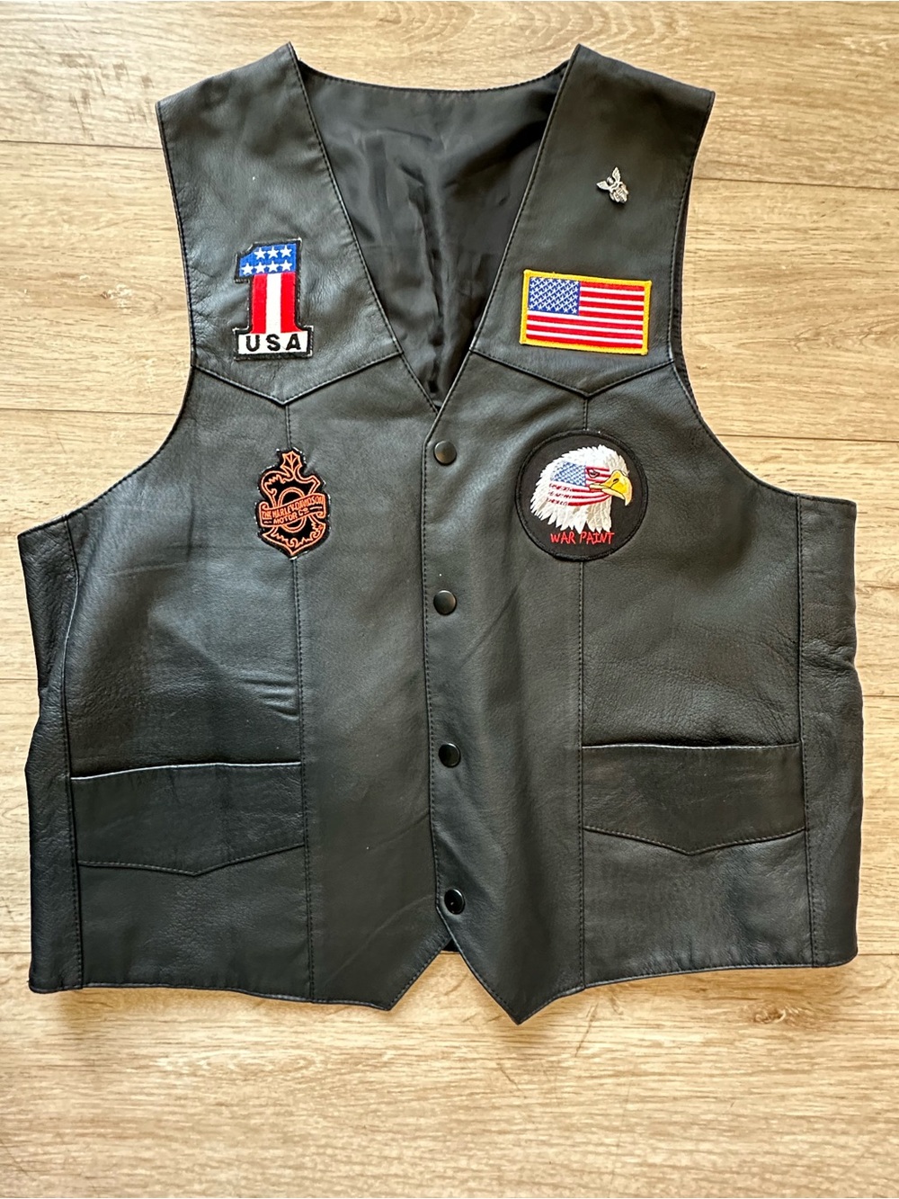 Vintage Style Genuine Leather Biker Vest Patriotic Eagle Motorcycle USA 2XL - Picture 5 of 12